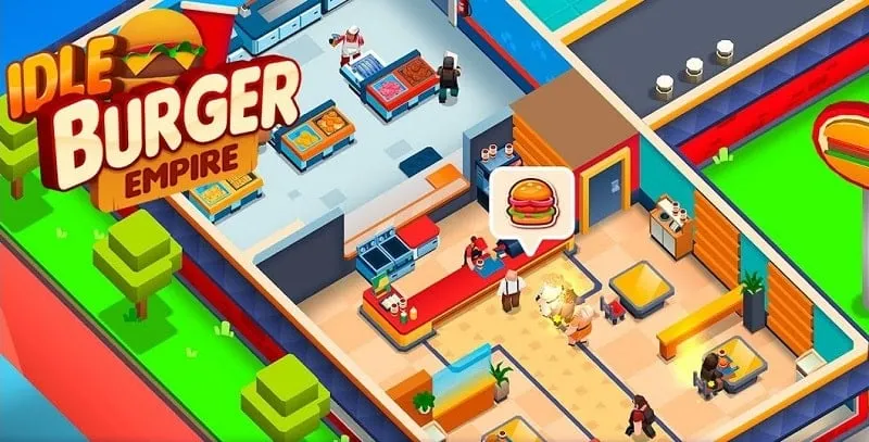 Tampilan utama Idle Burger Tycoon yang menunjukkan gameplay.