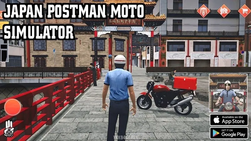 Main screen of Japan Postman Moto Simulator depicting the player character on a motorcycle.