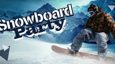Main screen of Snowboard Party Pro showing character and mountain scenery.
