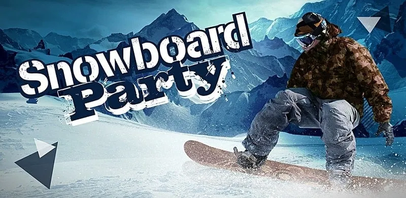 Main screen of Snowboard Party Pro showing character and mountain scenery.