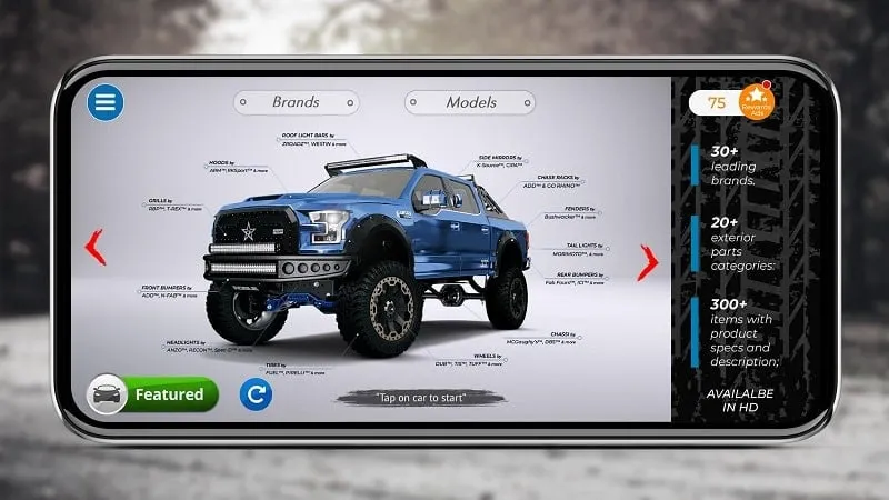 Main screen of the 3DTuning App showcasing a customized car.