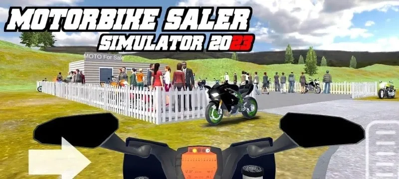 Main screen of the Motorbike Saler Simulator 2023 game.