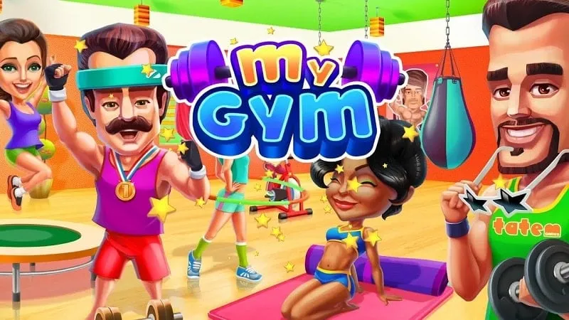 Main screen of the My Gym game showing various workout equipment and gym attendees.