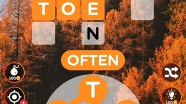 Main screen of Word Season with a partially completed puzzle and a nature background.