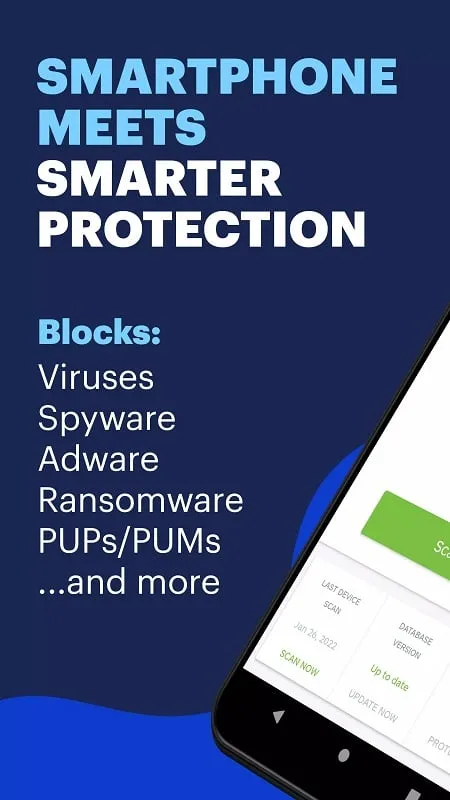 Interfaz de Malwarebytes Mobile Security MOD mostrando funciones premium