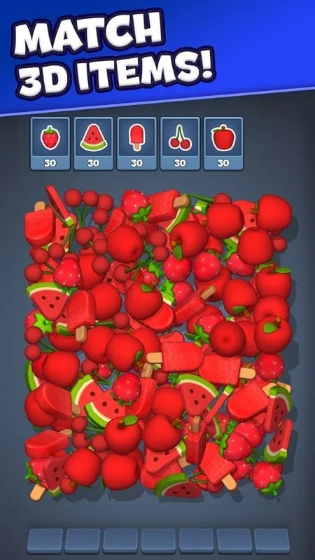 Match Factory gameplay displaying a variety of items, including food and household objects.