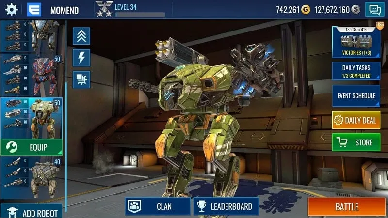 Mech Wars gameplay featuring a powerful mech equipped with upgraded weapons.