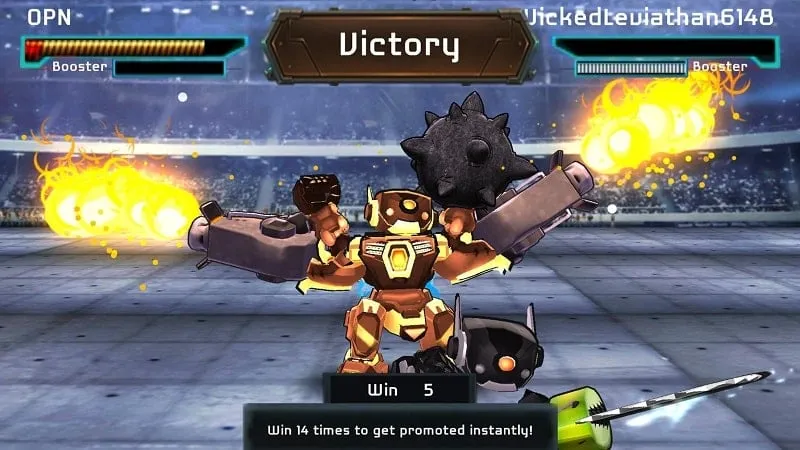 MegaBots Battle Arena in-game combat scene displayed on a mobile device.