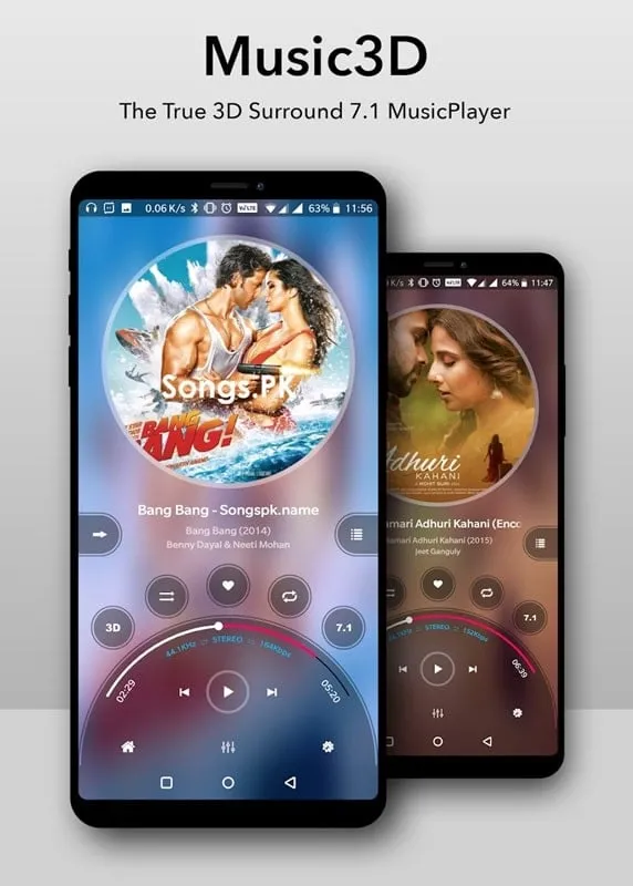 Music Player 3D Surround 7.1 mod interface showing premium features