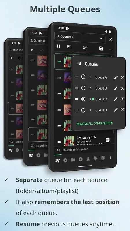 Musicolet Music Player mod interface showing premium features