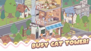 My Cat Tower gameplay screenshot showcasing various cat employees.