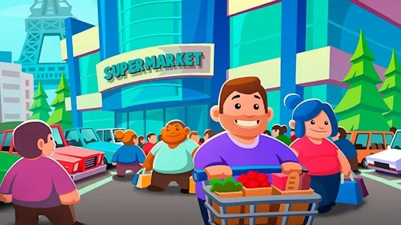 Navigating the main screen of Idle Supermarket Tycoon, showcasing various departments and customer interactions.