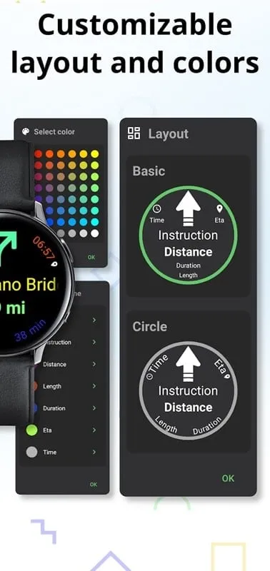 Navigation Wear mod interface displaying turn-by-turn navigation on a smartwatch.