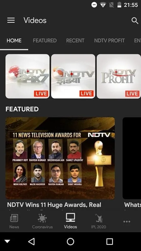 NDTV News mod interface showing premium features