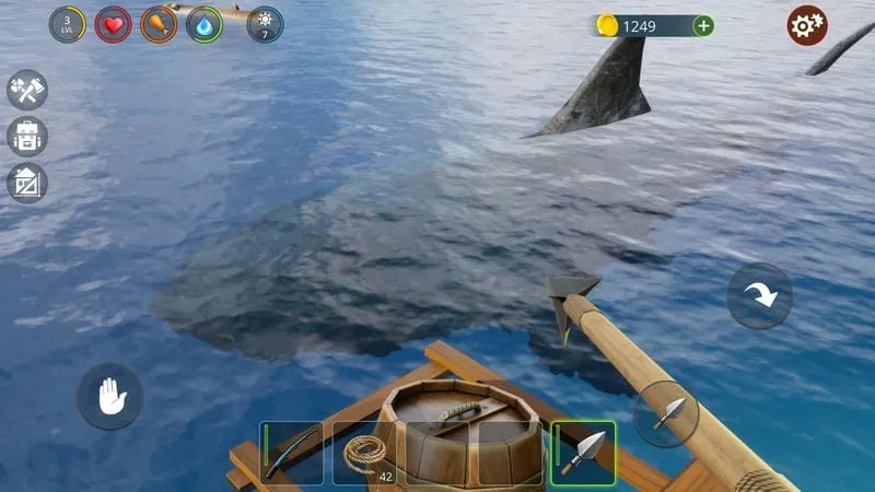 Oceanborn gameplay screenshot depicting a shark attacking the player's raft.