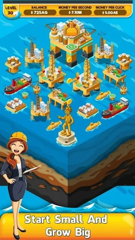 Screenshot game Oil Tycoon 2 dengan tampilan uang tak terbatas.