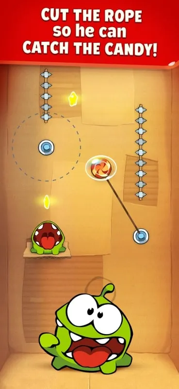 Om Nom's expressive reactions during gameplay.