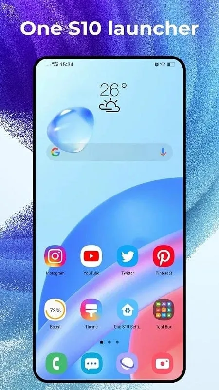 Interface do One S10 Launcher Mod mostrando recursos premium