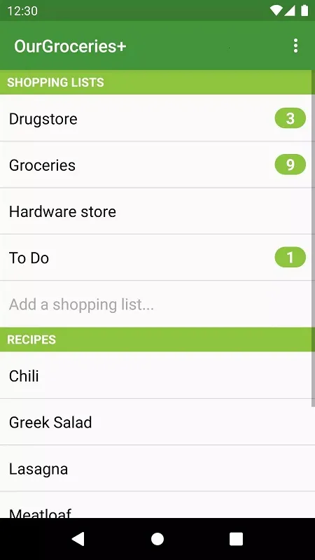 Our Groceries Shopping List mod interface showing premium features