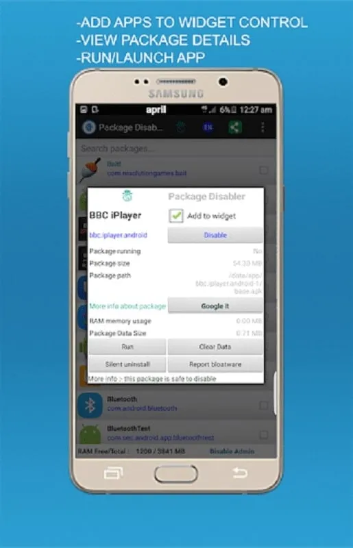 Package Disabler Pro Mod APK running on a Samsung phone