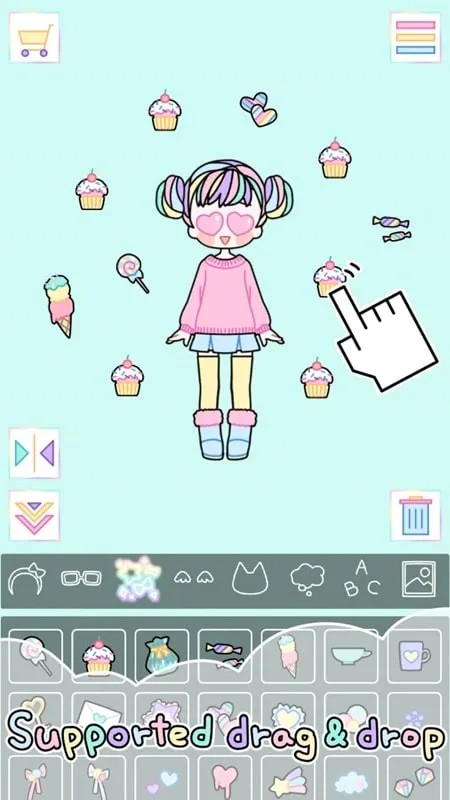 Pastel Girl MOD gameplay showcasing a variety of clothing and accessory options.