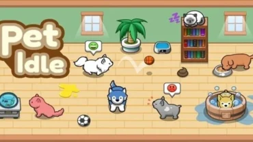 Pet Idle gameplay featuring various animals in a player's shelter.