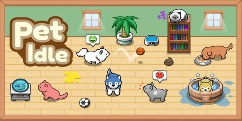 Pet Idle gameplay featuring various animals in a player's shelter.