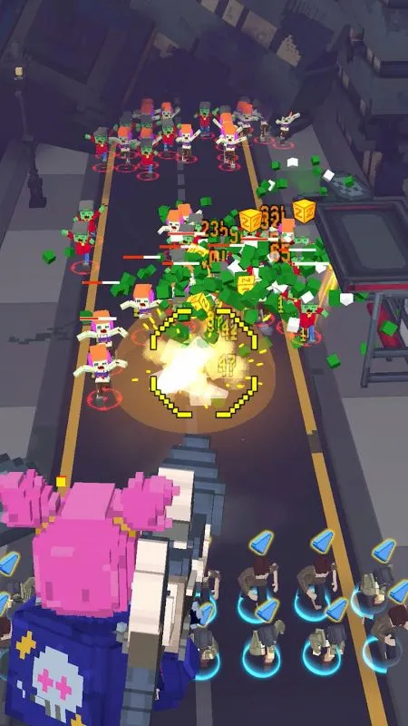 Pixel City War Fly Shooter in-game screenshot showing the player using a hoverboard.