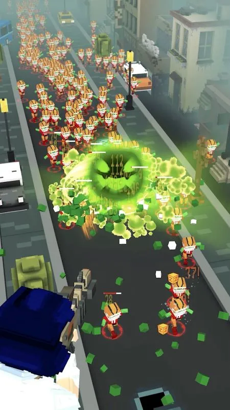 Pixel City War Fly Shooter in-game screenshot with the player aiming at enemies.