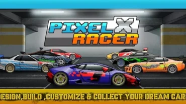 Pixel X Racer game screen showing the pixelated graphics and a race in progress.