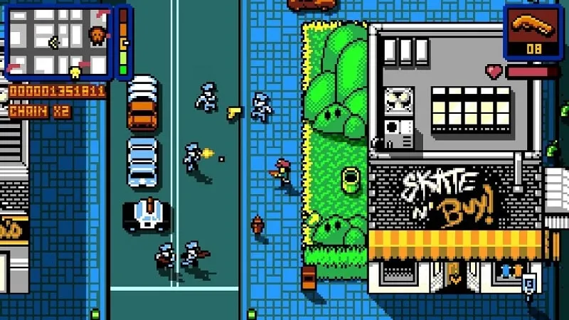 Player causing mayhem in a pixelated city driving a sports car.