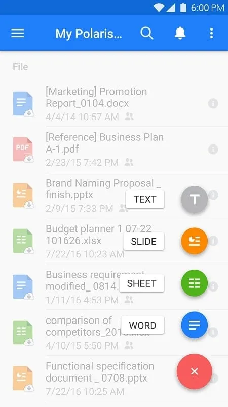 Polaris Office mod interface showing premium features