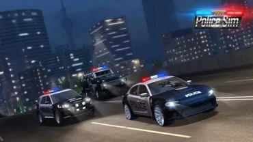 Police officer standing next to a police car in Police Sim 2022.