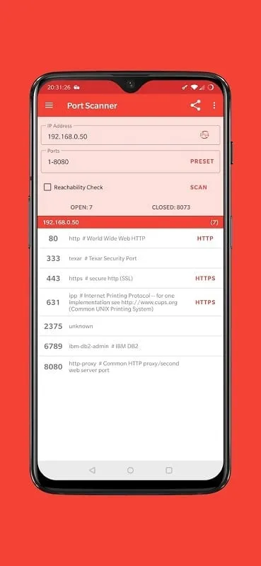 PortDroid mod interface showing port scanning feature