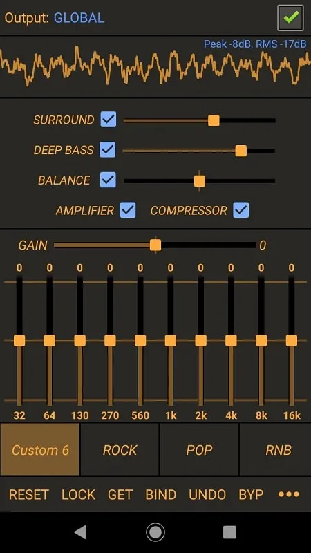 Power Audio Equalizer FX mod interface with detailed settings