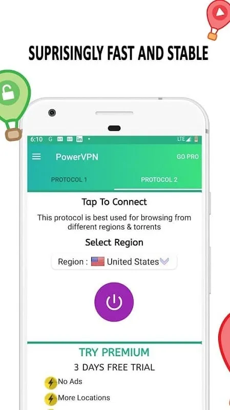 Tampilan antarmuka Power VPN mod yang menunjukkan fitur premium