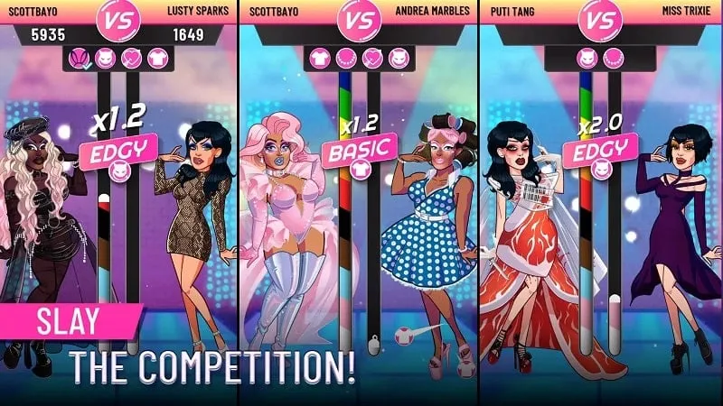Promotional image for RuPaul's Drag Race Superstar MOD APK featuring the main characters and highlighting the mod features.