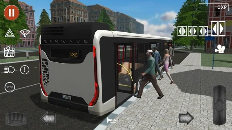 Public Transport Simulator gameplay screenshot showing the in-game interface with unlimited experience points.