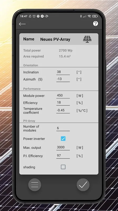 Tampilan antarmuka PV Calculator Premium Mod dengan fitur premium