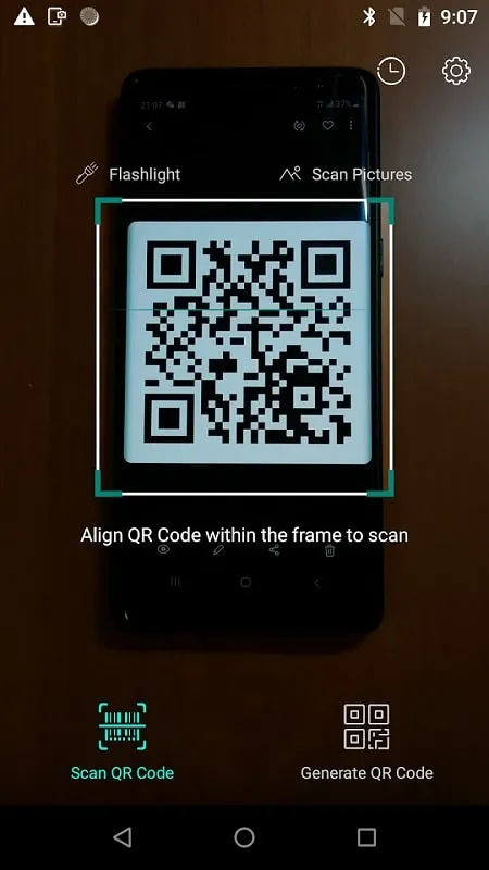 QR Code Reader Generator mod app scanning a QR code