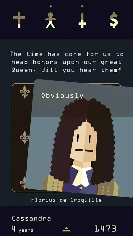 Queen on her throne in Reigns: Her Majesty.