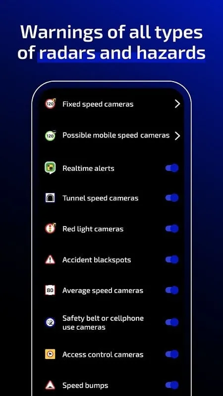 Radarbot Speed Camera Detector hiển thị cảnh báo nguy hiểm trên đường