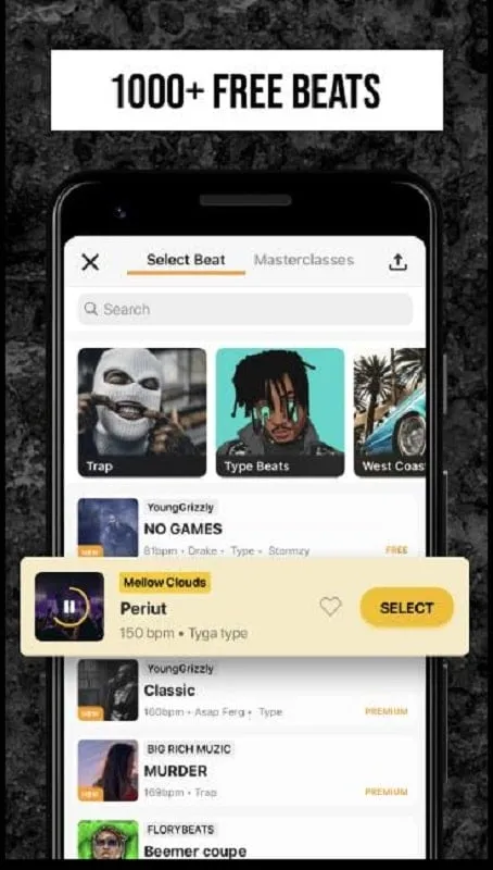 Rap Fame mod interface showing premium features