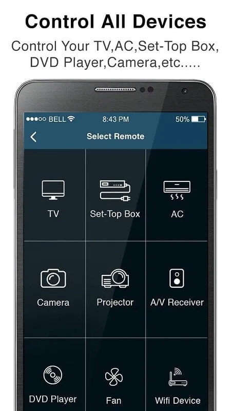 Remote Control for All TV mod interface highlighting smart features integration