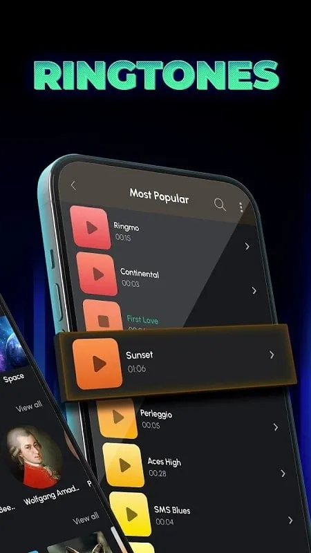 Tampilan antarmuka Ringtones for Android mod yang menunjukkan fitur premium
