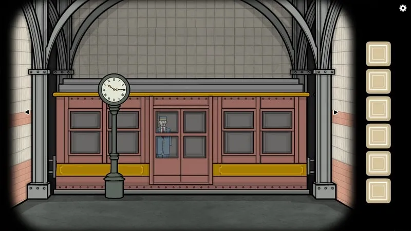 Scene depicting a character interacting with a ticket booth.