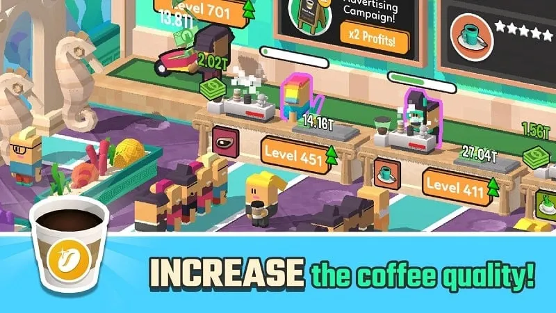 Screenshot demonstrating the in-game currency and upgrade interface in Idle Coffee Corp.