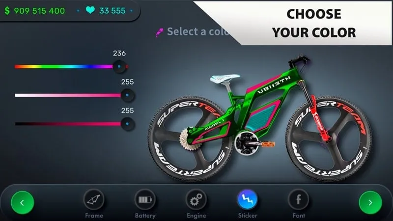 Screenshot demonstrating the unlimited money feature in the E-Bike Tycoon MOD APK.