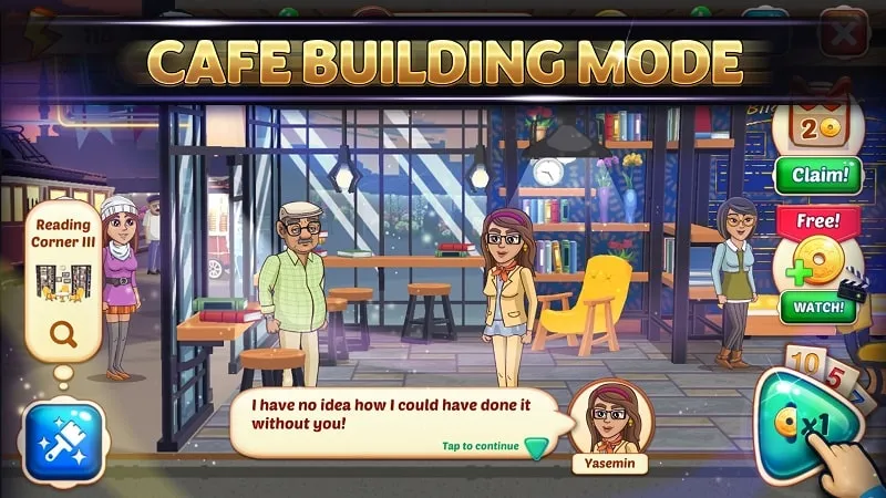 Tangkapan layar yang menampilkan aspek manajemen kafe dari game Okey.