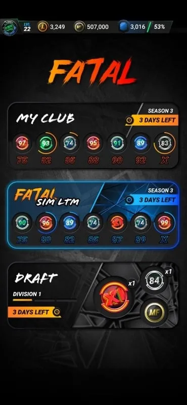 Screenshot displaying various game modes and challenges available in MADFUT 25, including Fatal Draft and Daily Draft Cup.